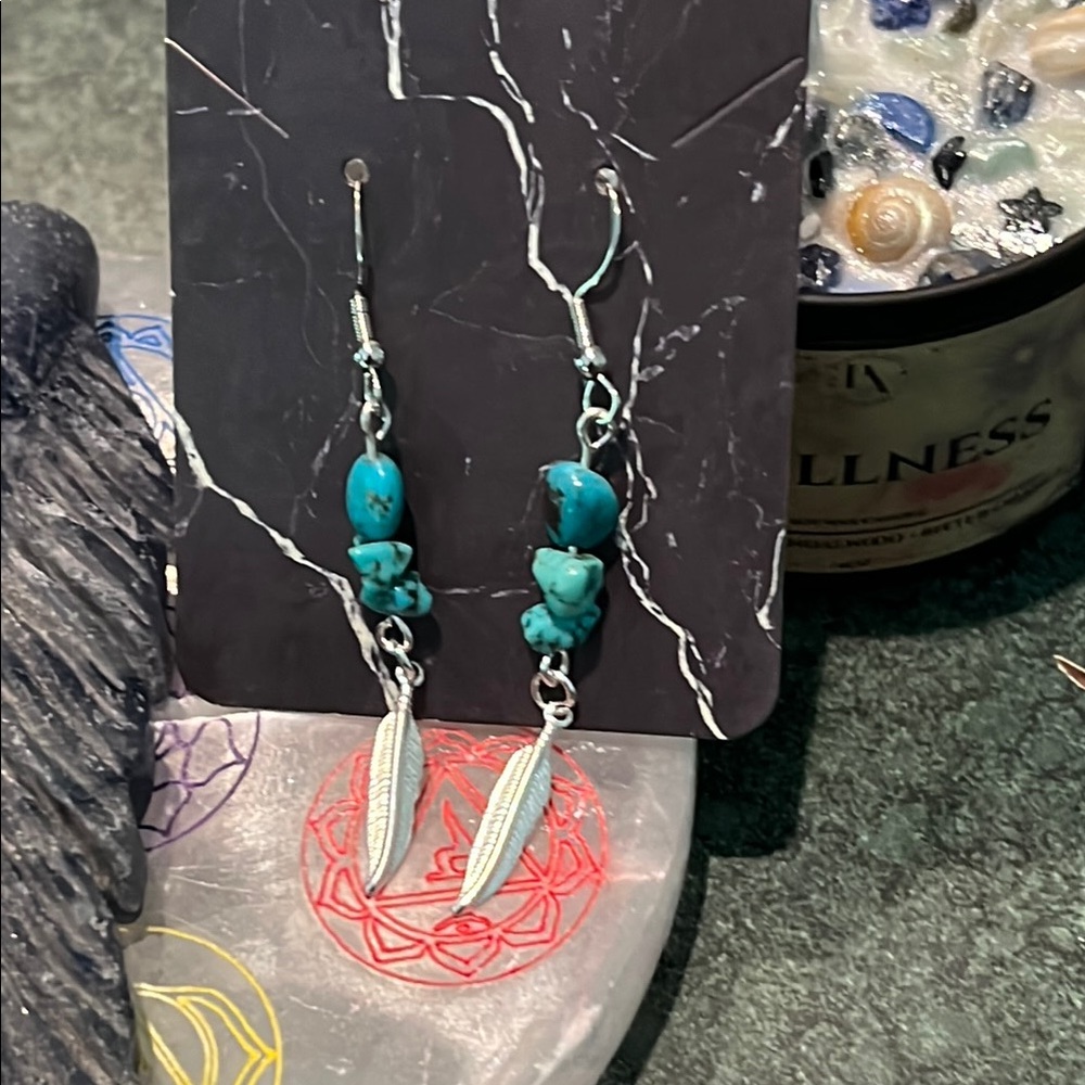 Artisan made turquoise & silver feathers earrings